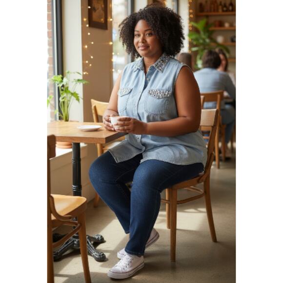 I.C.E. Look NY Womens Sleeveless Embellished Denim Top - Size: Large - Picture 2 of 8